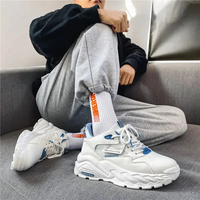 Wiaofellas Men Thick Sole Height Increasing Sneakers White Breathable Trendy Casual Simple Walking Shoes Comfortable Wear Resistant Shoes