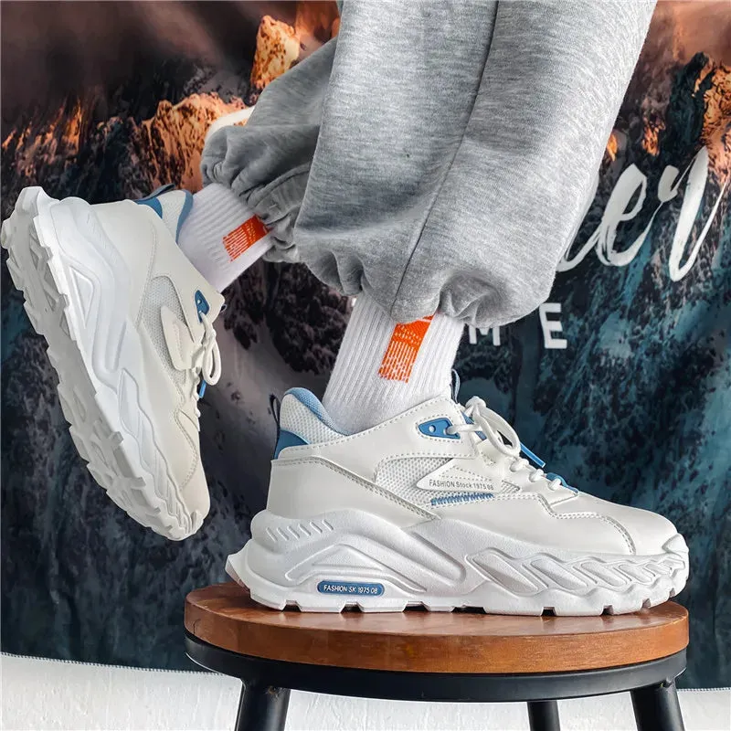 Wiaofellas Men Thick Sole Height Increasing Sneakers White Breathable Trendy Casual Simple Walking Shoes Comfortable Wear Resistant Shoes