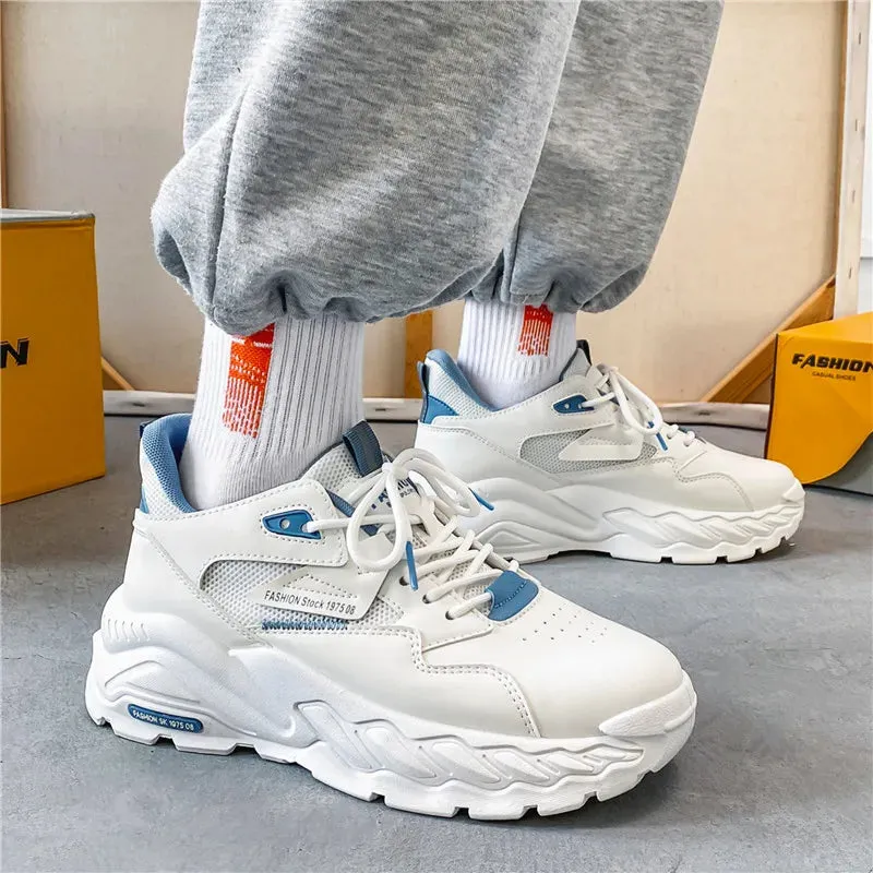 Wiaofellas Men Thick Sole Height Increasing Sneakers White Breathable Trendy Casual Simple Walking Shoes Comfortable Wear Resistant Shoes