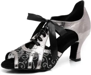 Women's Peep Toe Lace-up Ties Synthetic Ballroom Tango Party Wedding Practice Dance Shoes Grey US 7