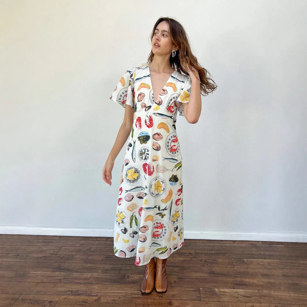 Womens V-Neck Dress  Linen Fabric  Loose Fit  Short Sleeve Midi Casual Style