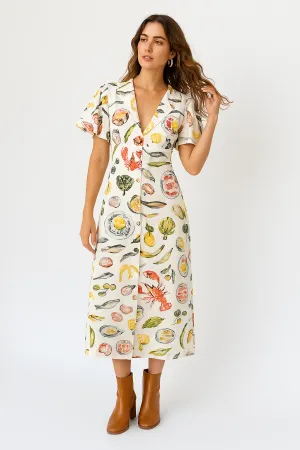 Womens V-Neck Dress  Linen Fabric  Loose Fit  Short Sleeve Midi Casual Style