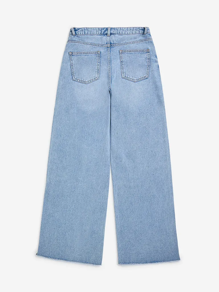 Y&F Kids Light Blue Slit Detailed Straight - Fit High - Rise Jeans