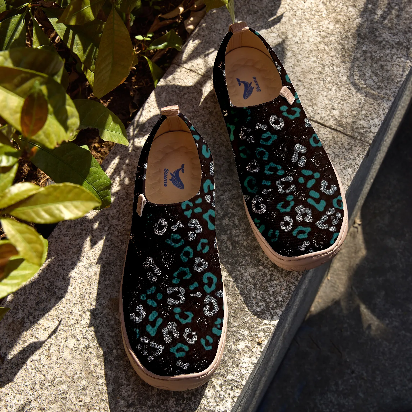 Yiume Women's Black And Green Leopard Print Slip-On Shoes Comfortable Breathable Knit Casual Footwear Stylish Travel-Friendly Loafers